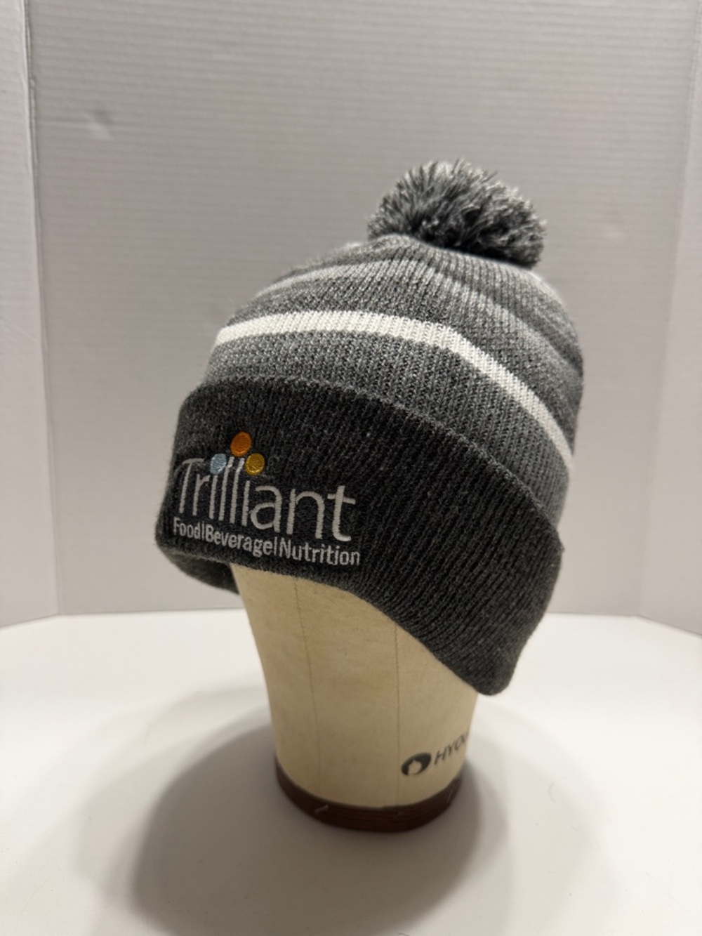 Trilliant Gray Striped Pom Knit Beanie with Logo